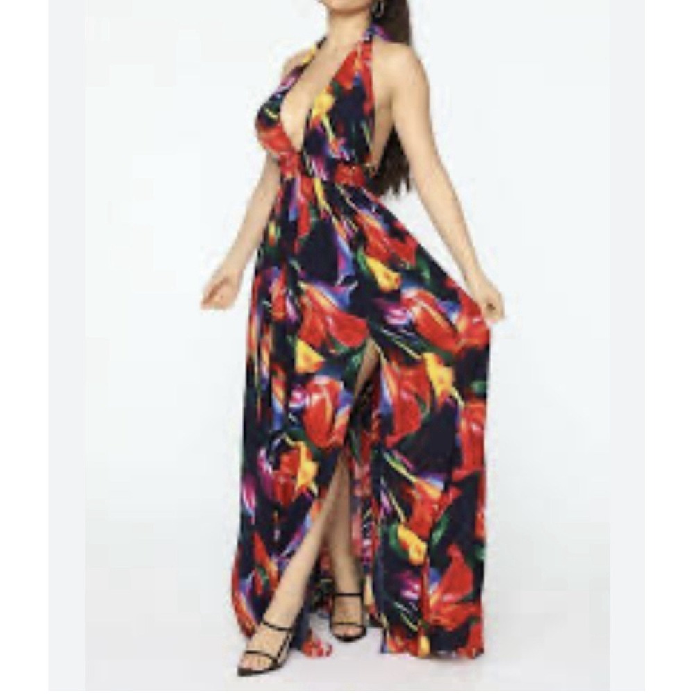 Fashion Nova Women's multicolor Halter Dress Sz Medium 2 Slit Front